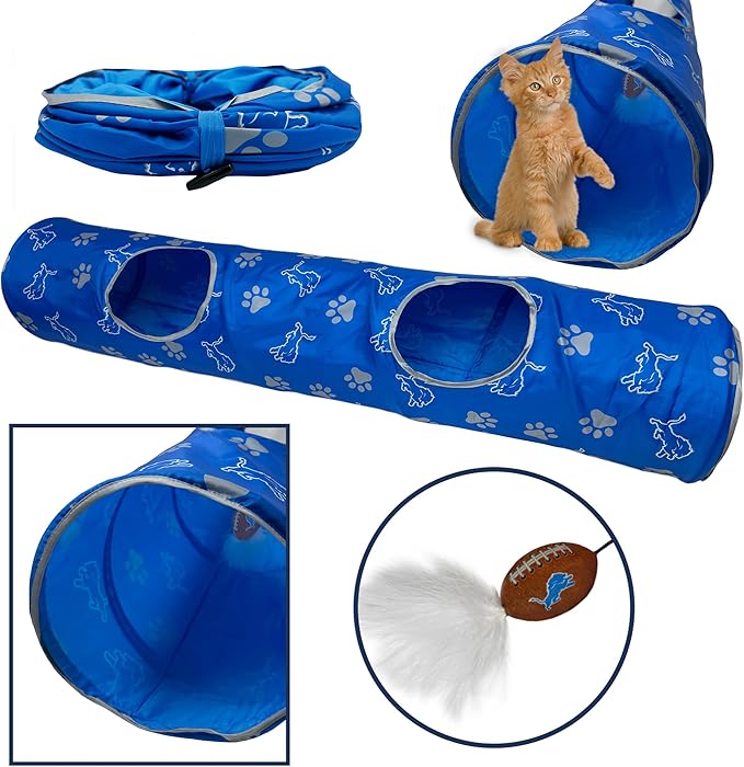 NFL Detroit Lions Cat Tunnel Tube Toy with Plush Football Catnip and Feathers Collapsible Tunnel for Cats to Play, Peek and Hide, Sporty & Fun Cat Tunnel Toy with Team Logo All-Over Design!-Mewly Pet