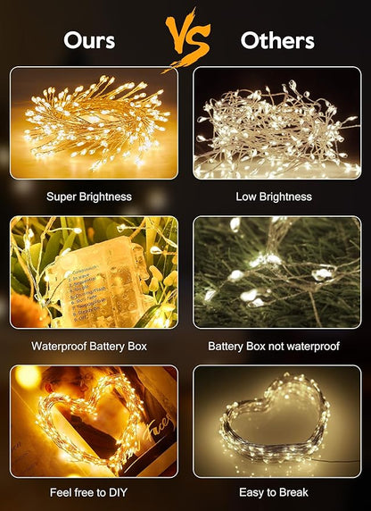 Outdoor Fairy Lights Battery Operated, 4 Pack Twinkle String Light with Remote, 5 Feet 60 LED Firecracker Starry Light for DIY Wreath Home Wedding Party Bedroom Mason Jar Holiday Christmas, Warm White