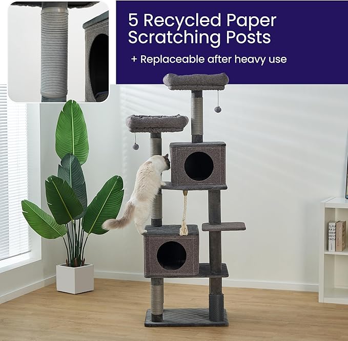 Catry® Stella 7-Level 67.5” Linen & Quilted Velvet Cat Tree with Recycled Paper Scratchers, Two Condos, Removable Beds, Toys, Easy to Clean, Ideal for Large Cats and Multi-Cat Homes (Zinc Gray)-Mewly Pet