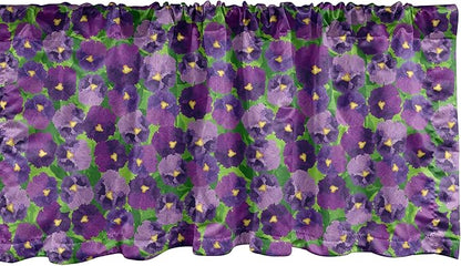 Ambesonne Botanical Window Valance, Green Field Full of Burgeoning Pansy Inflorescence Garden Flourish Bedding Plants, Curtain Valance for Kitchen Bedroom Decor with Rod Pocket, 42" x 12", Purple
