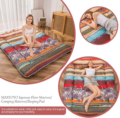 MAXYOYO Bohemian Retro Floor Mattress Vintage Floral Japanese Futon Mattress Roll Up Thicken Sleeping Bed Portable Camping Mattress Floor Lounger Couch Bed Mattress Pad, King Size