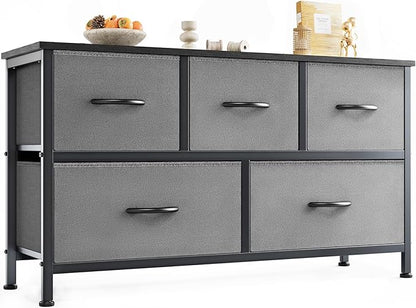 OLIXIS Dresser for Bedroom with 5 Drawers, Wide Chest of Drawers, Fabric Bedroom Dresser with Drawer Organizers, Storage Organizer Unit with Fabric Bins for Closet, Living Room, Hallway, Grey