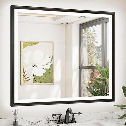 TETOTE Black LED Bathroom Mirror with Lights 42x36 Front & Back Light Vanity Framed Mirror Baroque Anti Fog Dimmable White/Warm/Natural,CRI90+,Waterproof,Wall Mounted(Horizontal/Vertical)
