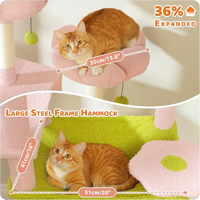 PAWZ Road Flower Cat Tree for Large Cats, 81 Inches Pink Tall Cat Tower with 2 Perches, 2 Condos and Spacious Hammock, XL Extra Large Condo with 7 Scratching Posts for 20lb+ Adult Cats-Mewly Pet