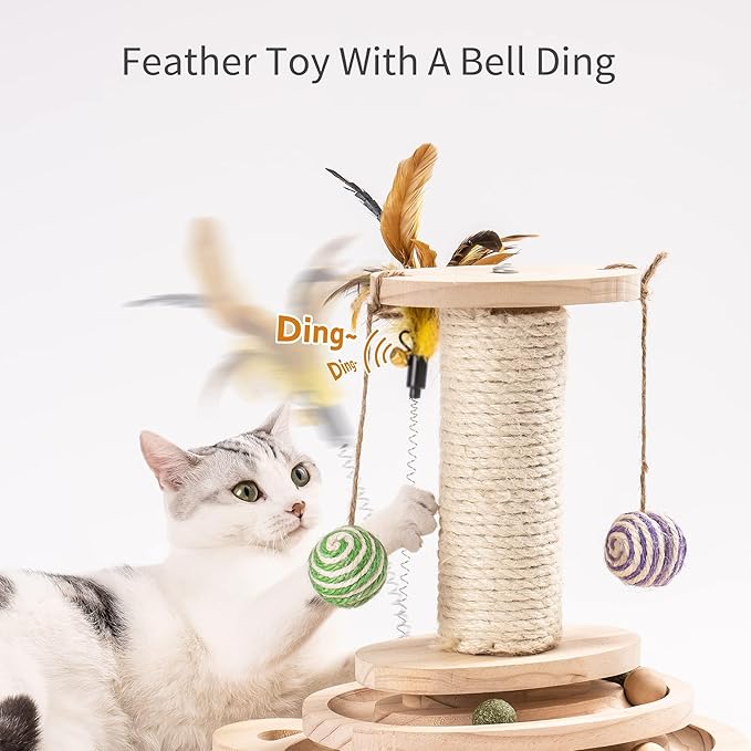 MEWOOFUN Cat Toy 2-Layer Turntable Cat Ball Toy with Feather,Kitten Toys Interactive Cat Toy with Eight Interactive Balls and Two Sisal Dangling Balls (Large)-Mewly Pet