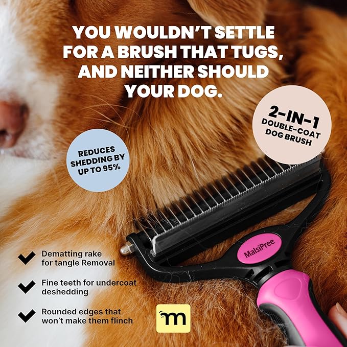 MalsiPree Dog Brush for Shedding - 2 in 1 Undercoat Rake Deshedding Tool for Medium to Large Double-Coated Dog Grooming - Pet Dematting Comb - Pet Deshedder (Pink)-Mewly Pet