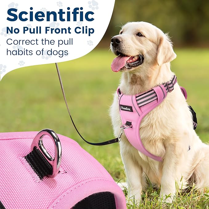 Funfox Dog Harness No Pull, Adjustable Pet Vest Harness, Super Soft Material with Vertical Handle Easy Control, Reflective Night Walking, 2 Leash Clips for Medium Sized Dogs, Pink, M-Mewly Pet