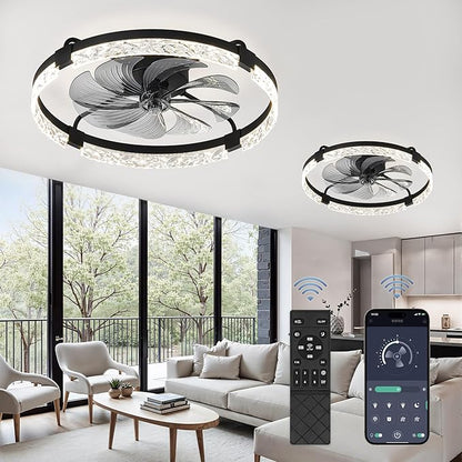 LEDIARY 2 Pack 24 Inch Modern Ceiling Fans with Lights and Remote, Dimmable Flush Mount Ceiling Fan, Black Low Profile Ceiling Fan with 3 CCT and 6 Speeds