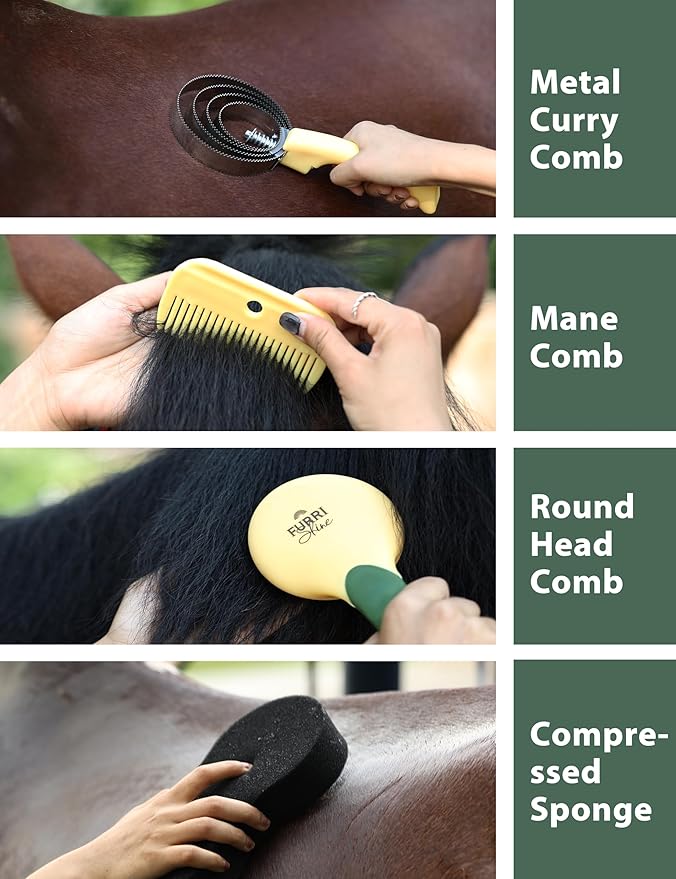 9PCS Horse Grooming Kit Curry Comb Sweat Scraper Horse Bathing Supplies Grooming Tools with Storage Bag Pasture Glow-Mewly Pet