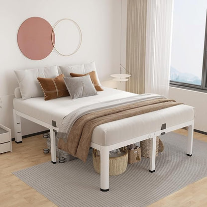ROIL 14 Inch White King Bed Frame with Rounded Corner and Headboard Hole Mattress Retainers 3500LBS Heavy Duty Steel Slats No Box Spring Needed Platform Noise-Free Easy Assembly