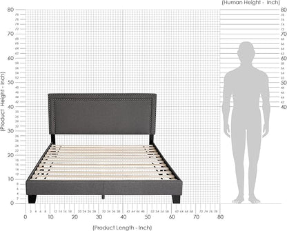 Furinno Laval Double Row Nail Head Upholstered Platform Bed Frame, Queen, Stone