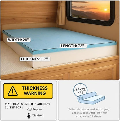 Foamma 7” x 28” x 72” Camper/RV Travel Gel Memory Foam Bunk Foam Mattress Replacement, Made in USA, Comfortable, Travel Trailer, CertiPUR-US Certified, Cover Not Included