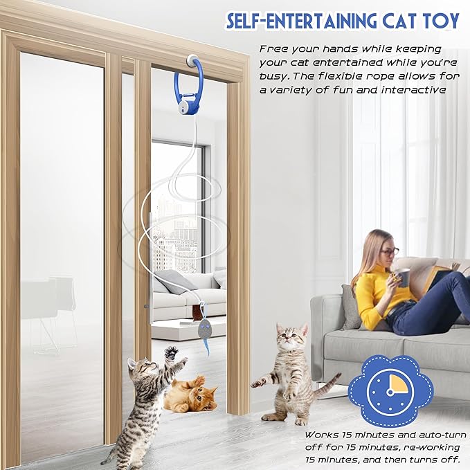 Cat Toy Interactive for Indoor Cats, Smart USB Rechargeable Door Hanging Automatic Retractable Kitten Toys, Teaser Electronic Self Play Feather Cat String Toys Attached with 3 Catnip Mice Blue-Mewly Pet