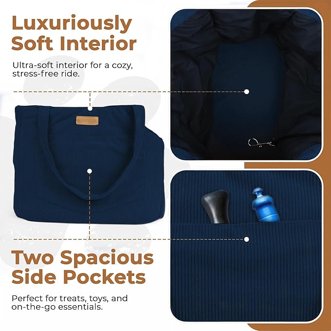 Corduroy Dog Carrier - Lightweight Cotton Soft-Sided Pet Tote with Safety Harness Clip - Breathable Travel Carrier for Small Dogs and Puppies (Dark Blue)-Mewly Pet