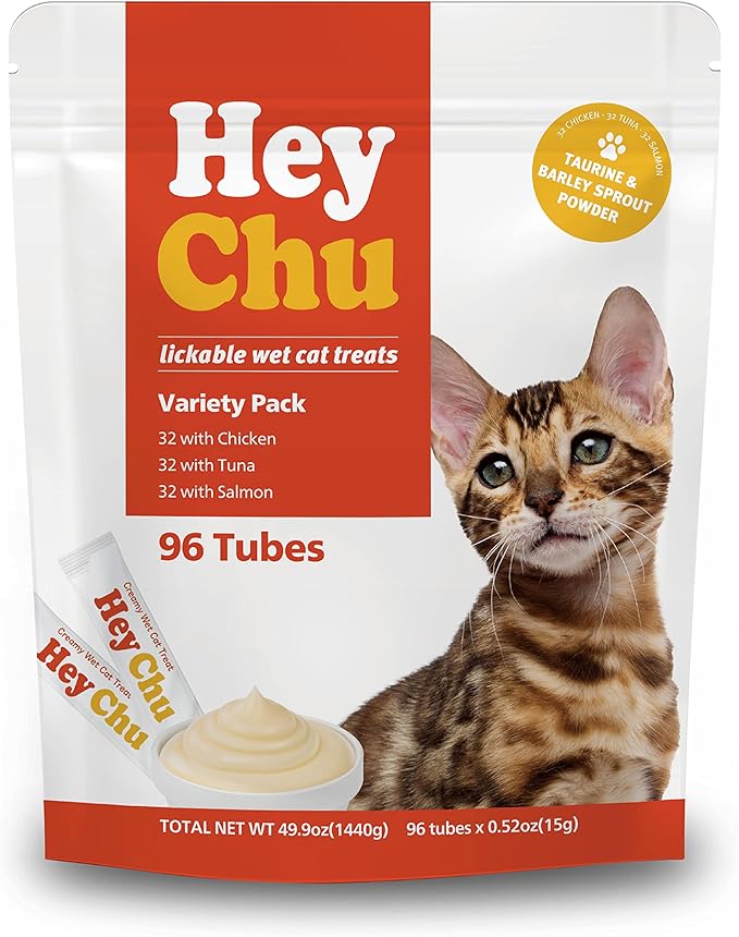 Squeezable Cat Treats, Lickable Puree, Grain-Free, 96 Tubes, Tuna Salmon Chicken, 0.5oz Each Tube-Mewly Pet