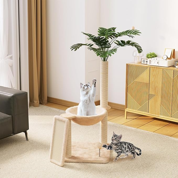 Small Cat Tree, Green Cat Tree with Scratching Post, Hammock Toy Ball and Palm Leaves for Kittens, Cat Tower for Indoor-Mewly Pet