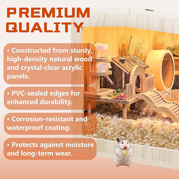 Prolee Hamster Cage Chewproof Wooden 40 Inch Guinea Pig Cages Mice and Rat Habitat Openable Top with Acrylic Sheets Solid Built-Mewly Pet