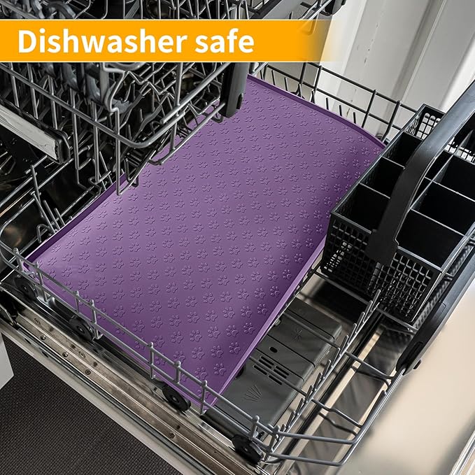 Ptlom Silicone Dog Food Mat Waterproof Pet Feeding Mat with High-Lips, Anti-Slip Dog Bowl Mat for Food & Water, Non-Spill Puppy Feeding Tray for Small, Medium & Large Dogs and Cats, Purple-Mewly Pet