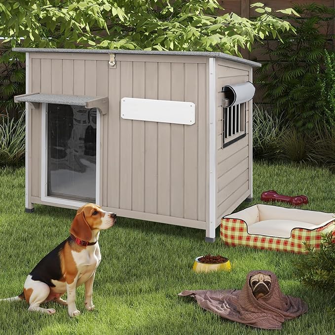 Weatherproof Outdoor Dog House, Wooden Puppy Shelter with Anti-Chewing Iron Frame and Elevated Floor, Sturdy Dog Kennel for Small, Medium & Large Dogs, Grey (Gray, 40" L x 26" W x 31" H)-Mewly Pet