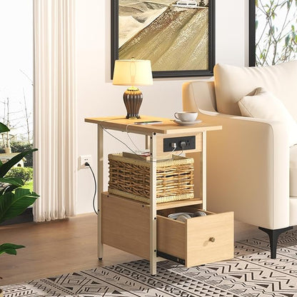LIDYUK End Table with Charging Station, Narrow Side Table with Drawer and USB Ports & Power Outlets, Nightstand Bedside Tables for Small Spaces, Bedroom, Living Room, Natural