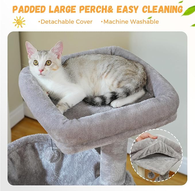 PAWZ Road Large Cat Tree, 41 Inches Multi-Level Cat Tower with 2 Spacious Condos for Indoor Cats, Large Cat House with Comfy Hammock, Padded Perch, Scratching Pad and Replaceable Balls-Gray-Mewly Pet