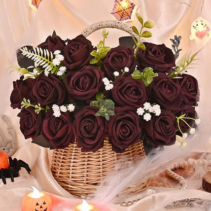 BLEUM CADE 50 Pcs Black Roses Artificial Flowers, Real Touch Velvet Roses Fake Flowers Bulk, Artificial Roses Bouquet with Long Stems for DIY Table Centerpiece Halloween Decorations