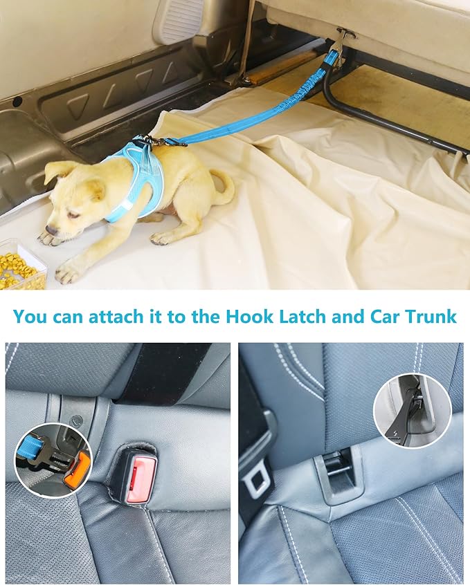 AUBELL Dog Seat Belt for Car,2 Pack Set 3-in-1 Adjustable Reflective Bungee Heavy Duty Dog Car Harness Tether with Clip Hook Latch & Buckle,Swivel Zinc Alloy Carabiner,Black+Blue-Mewly Pet