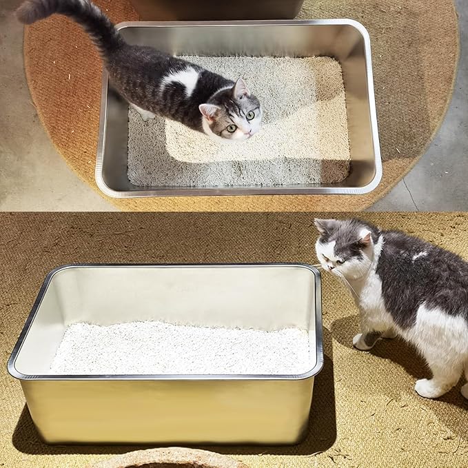 LIHONG Stainless Steel Cat Litter Box,Extra Large Metal Litter Box for Big Cats Kitty Rabbits,No Smell,Non Stick,Easy to Clean(24" Lx16 Wx8 H,XL)-Mewly Pet