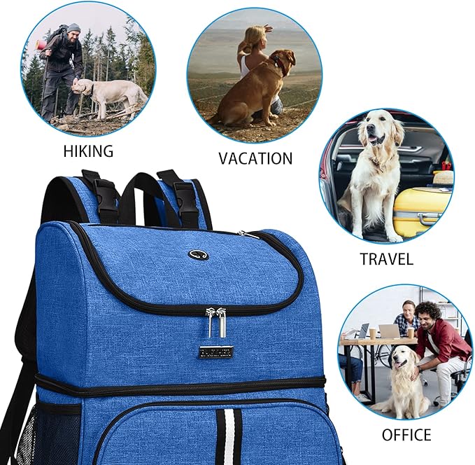 BAGLHER Pet Travel Bag, Double-Layer Pet Supplies Backpack (for All Pet Travel Supplies), Pet Travel Backpack with 2 Silicone Collapsible Bowls and 2 Food Baskets Blue-Mewly Pet