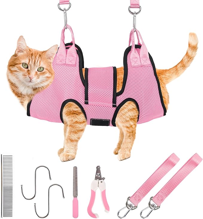 PatiencET Dog Grooming Hammock, Pet Grooming Hammock for Cats & Dogs with Security Strap, Dog Sling for Nail Trimming with Nail Clippers/Trimmer, Nail File, Pet Comb(Pink XS)-Mewly Pet