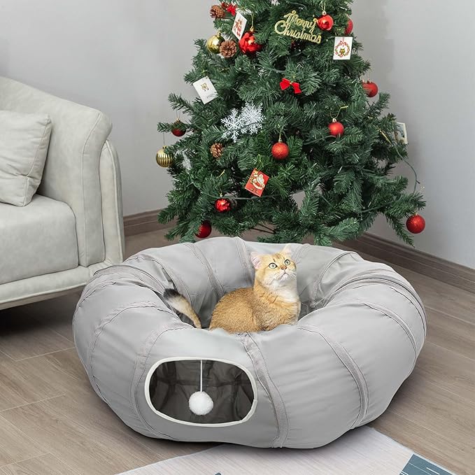 AUOON Cat Play Tunnel - Round Cat Tunnel with Bed | Interactive Cat Toys for Indoor Cats Kitten Kitty Puppy Rabbit Ferret (Light Grey)-Mewly Pet