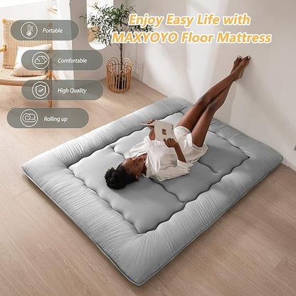 MAXYOYO Japanese Floor Mattress Futon Mattress, Thicken Tatami Mat Sleeping Pad Foldable Roll Up Mattress Boys Girls Dormitory Mattress Pad Kids Floor Lounger Bed Couches and Sofas, Grey, King