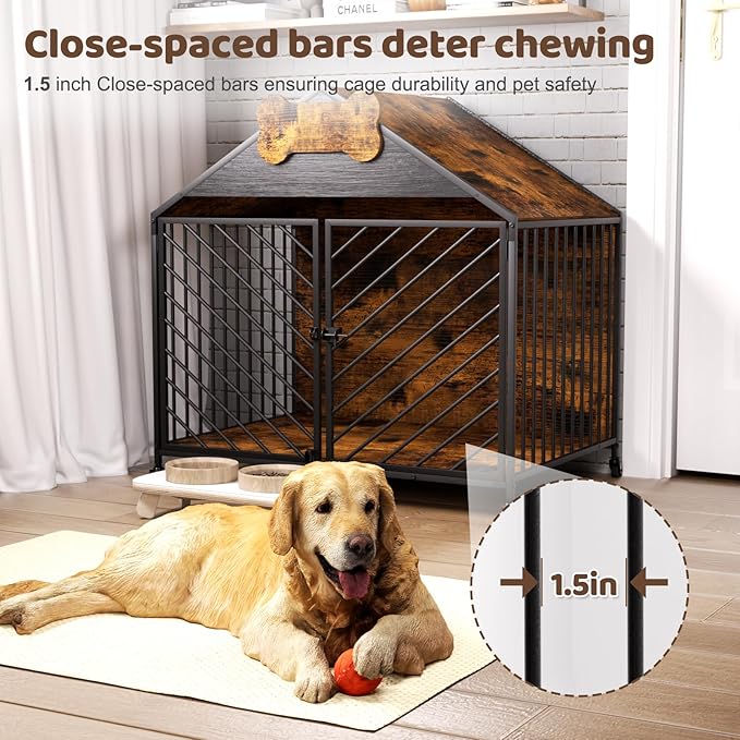 Furniture-Style Dog Crate with Gable Roof Design, Double Locking Doors Indoor Kennel for Small & Medium Dogs, Chew-Proof Escape-Proof Dog Cage, Rustic Brown-Mewly Pet