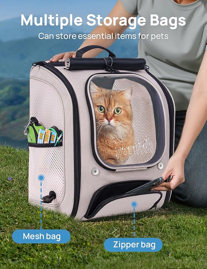 Pecute Cat Backpack Carrier, Large Space Cat Bubble Backpack, Breathable Cat Carrier, Shaded Dog Backpack Carrier, Ergonomic 3D Design for Travel, Hiking, Suitable for Shopping, and Vet, Khaki-Mewly Pet