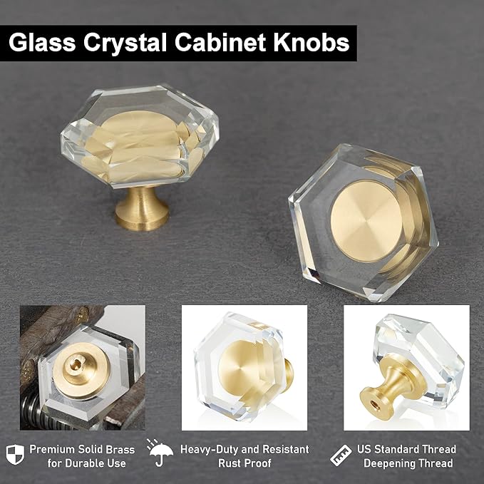 QOGRISUN 5-Pack Brass Crystal Cabinet Knobs,Glass Crystal Gold Drawer Knobs,1-1/2-Inch Hexagon,Decorative Dresser Pulls, Modern Cabinet Hardware