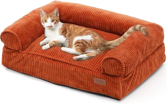 FUKUMARU Dog Couch Bed, Corduroy Cozy Cat Bed for Indoor Cats with Washable Cover, Supportive Waterproof Dog Beds Sofa for Small Dogs and Large Cats Cute, 28inch, Medium, Orange-Mewly Pet