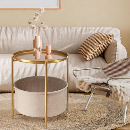 danpinera Round Side Table with Fabric Storage Basket, Metal Side Small Bedside Table Nightstand with Removable Tray Top for Living Room, Bedroom, Nursery, Bathroom, Gold