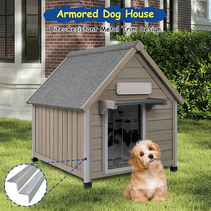 Outdoor Dog House Waterproof for Medium Small Dogs with Anti-Chewing Iron Frame, Adjustable Vent Window, Indoor & Outdoor Doghouse Kennel Puppy Shelter, Easy Clean and Assemble (26" L*31.9" W*32" H)-Mewly Pet
