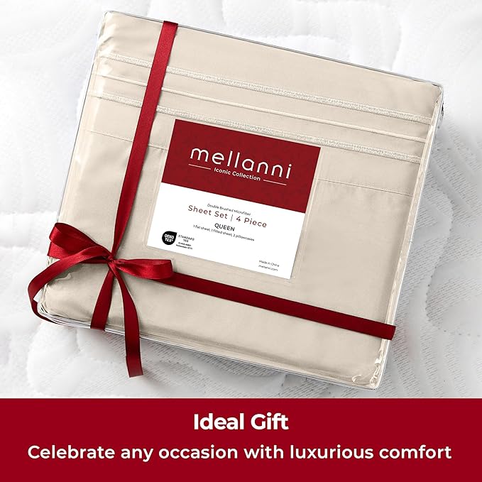 Mellanni Split King Sheets Set - 5 PC Iconic Collection Bedding - Hotel Luxury, Extra Soft, Cooling Bed Sheets - Wrinkle, Fade, Stain Resistant (Split King, Beige)