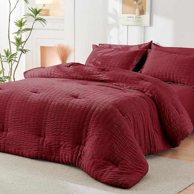 HYMOKEGE Burgundy Full Size Comforter Sets Seersucker 7 Pieces, All Season Luxury Bed in a Bag for Bedroom, Bedding Set with Comforters, Sheets, Pillowcases & Shams
