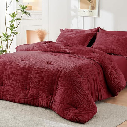 HYMOKEGE Burgundy Full Size Comforter Sets Seersucker 7 Pieces, All Season Luxury Bed in a Bag for Bedroom, Bedding Set with Comforters, Sheets, Pillowcases & Shams