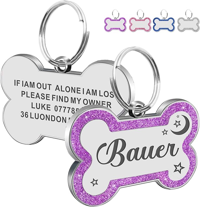Dog Tags Personalized for Pets Dog Name Tags Personalized Dog Tag Engraved with Any Name & Text Custom Dog ID Tags Glitter Bone ID Tag for Puppy Cat (Purple L, Bone)-Mewly Pet