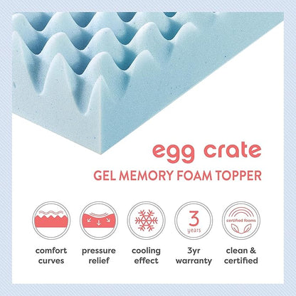 Best Price Mattress 1.5 Inch Egg Crate Memory Foam Mattress Topper, Cooling Gel Infusion, Twin, Dorm Essentials, Blue