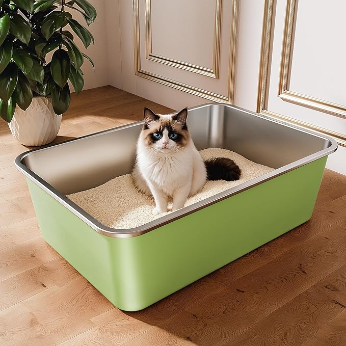 Stainless Steel Litter Box, Large Metal Cat Litter Box with High Sided for Big and Small Cats, Non-Stick, Easy to Clean, Odor-Free, 23.4" L×15.6" W×7.8" H, Leaf Green-Mewly Pet