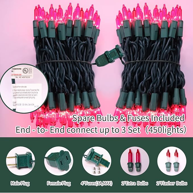 LAMPHOME Super-Bright Extendable Pink Christmas Lights Decoration 150Lights 31.9ft UL Certified Mini Bulb String Lights Set for Outdoor Christmas Tree Garden Holiday Party Patio Wedding Garland Decor