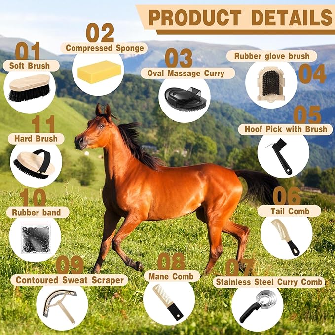 Abbylike 12 Pieces Horse Grooming Kit Racing Festival Tack Room Supplies Horse Brush Sets Equine Care Cleaning Kit Shedding Grooming Massaging Tools(Black)-Mewly Pet