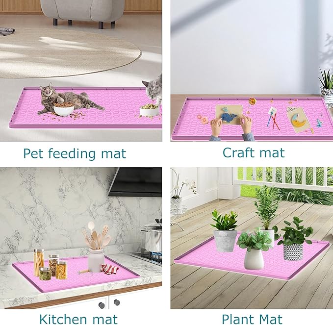 Cat Litter Mat, Silicone Large Cat Mat for Litter Box - 31x22 in, Waterproof & Non-Slip, Durable & Easy Clean, Pink-Mewly Pet