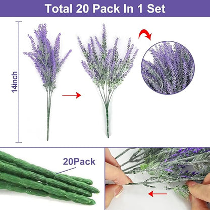 TURNMEON 20 Bundles Artificial Lavender Flowers for Outdoors, UV Resistant Fake Plants Artificial Plastic Faux Plants for Home Window Box Planter Porch Gardens Cemetery Summer Decor(Gray Purple)