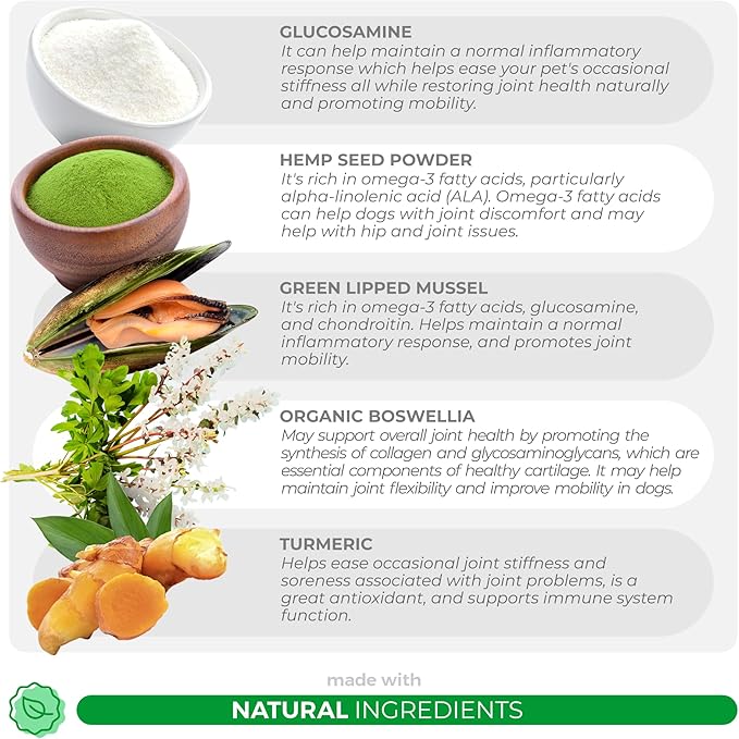 Hemp Hip and Joint Supplement for Dogs - 90 Soft Chews - with Green Lipped Mussel, Glucosamine, Turmeric, Fish Oil, MSM and Yucca Schidigera-Mewly Pet