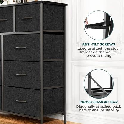 OLIXIS Dresser for Bedroom, 9 Storage Drawers, Wide Fabric Closet Chests Organizer Tower Furniture, TV Stand with Wooden Top Metal Frame for Clothes, Living Room, Hallway, Entryway, Black